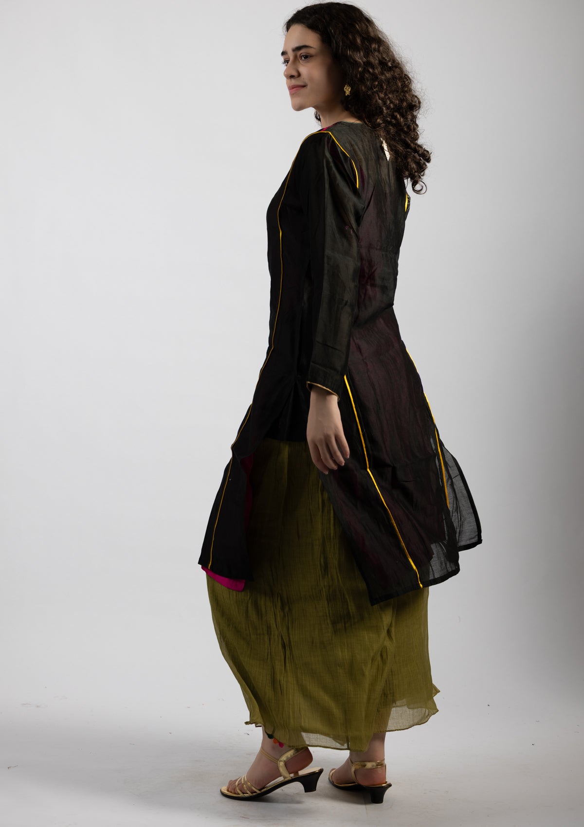 Sleek Ebony Tissue Kurta - Size Small