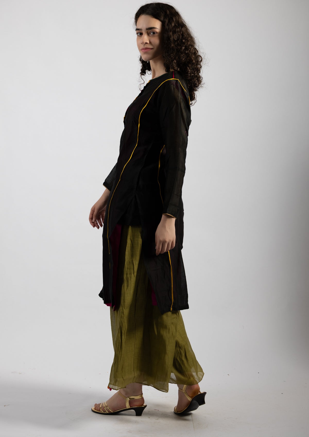 Sleek Ebony Tissue Kurta - Size Small