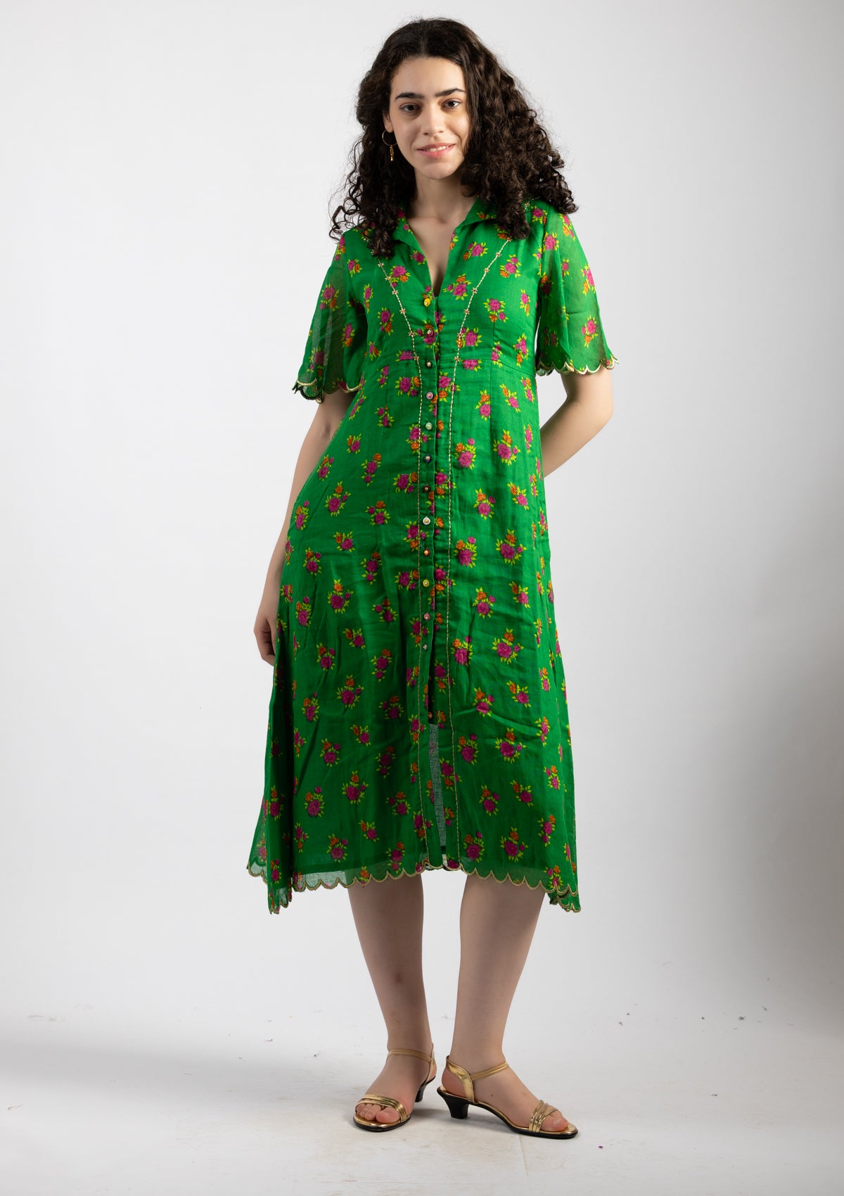 Parrot Green Printed Cotton Dress - Size Large