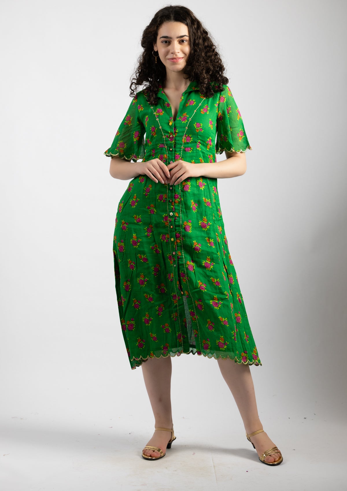 Parrot Green Printed Cotton Dress - Size Large