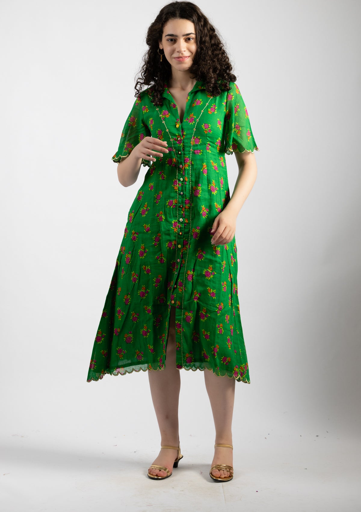 Parrot Green Printed Cotton Dress - Size Large