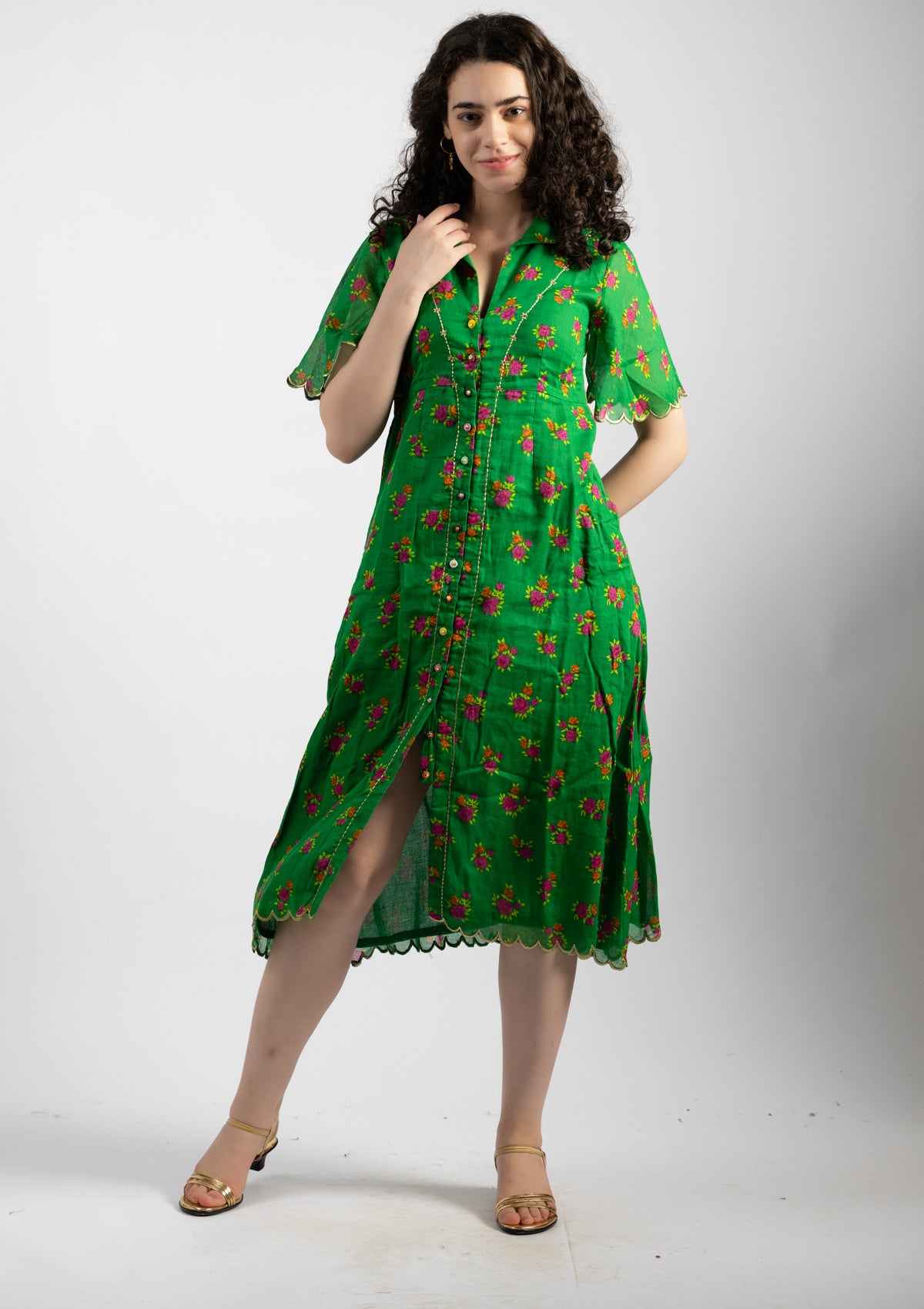 Parrot Green Printed Cotton Dress - Size Large