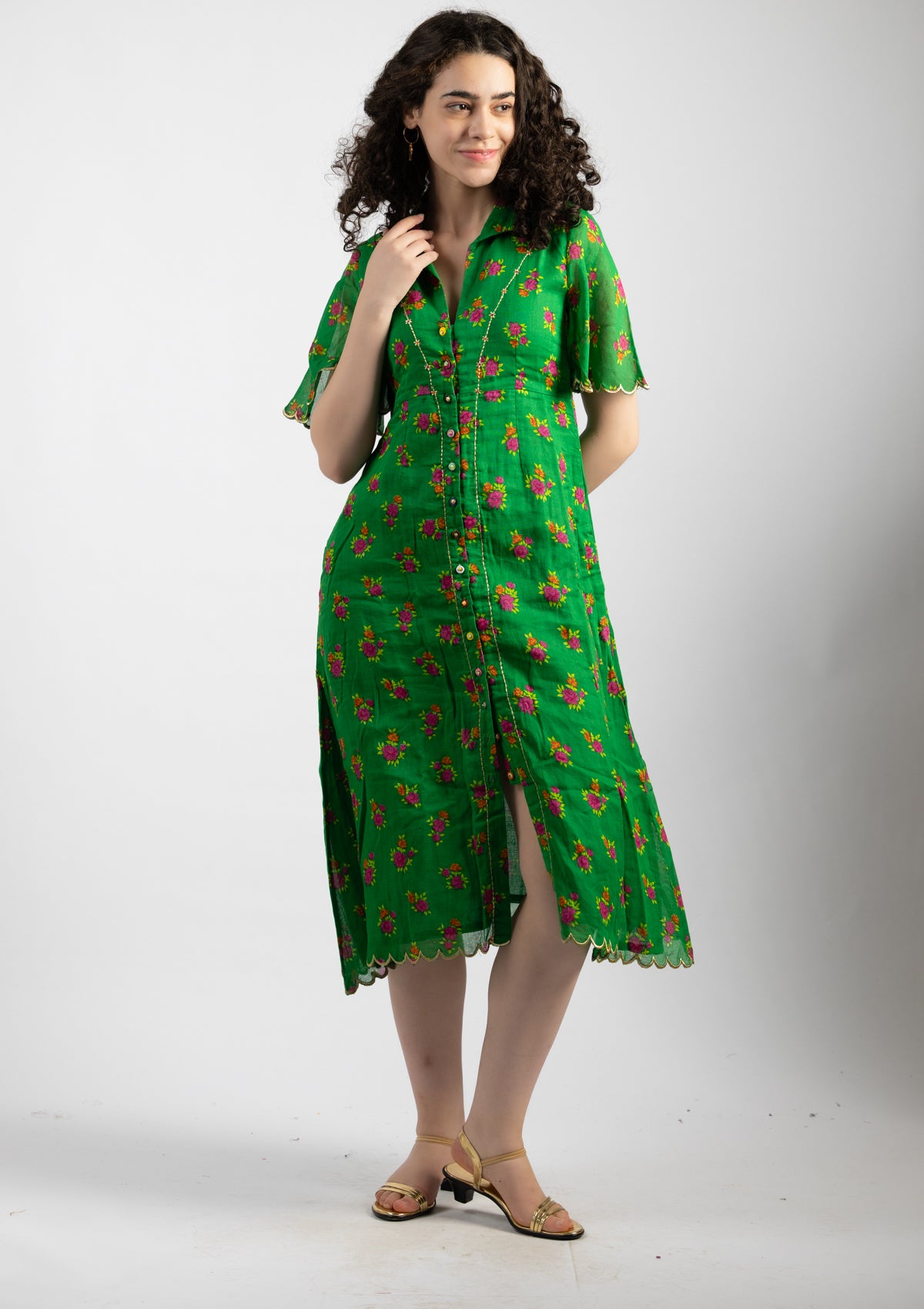 Parrot Green Printed Cotton Dress - Size Large
