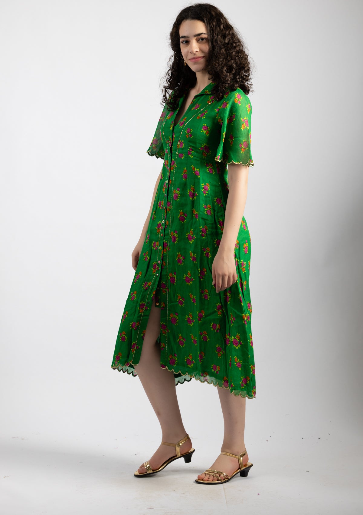 Parrot Green Printed Cotton Dress - Size Large