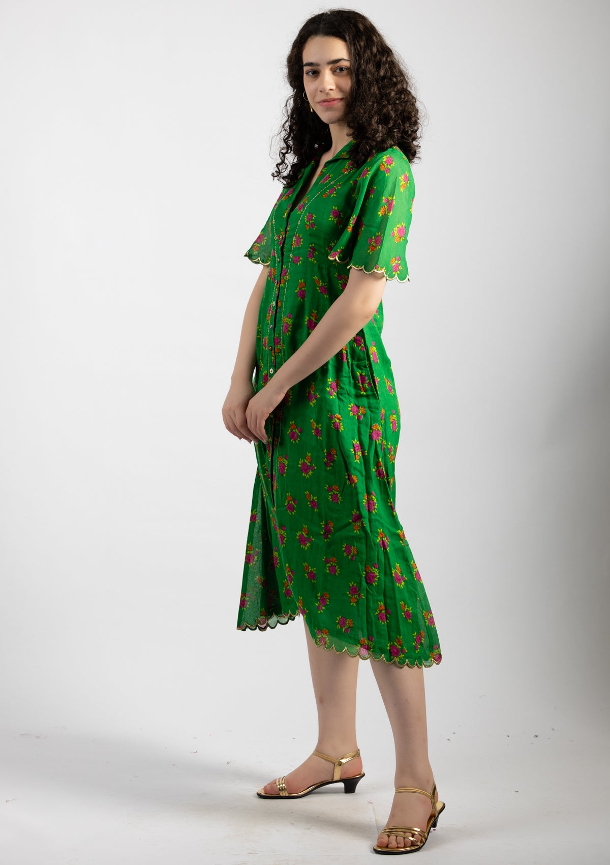 Parrot Green Printed Cotton Dress - Size Large