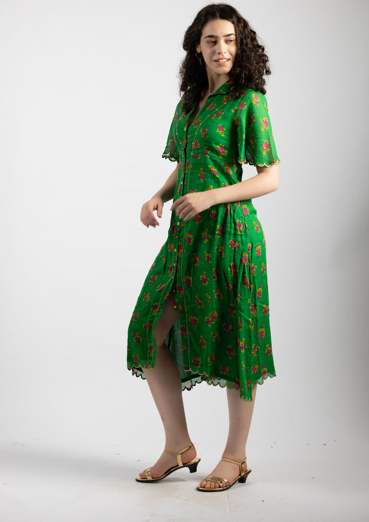 Parrot Green Printed Cotton Dress - Size Large