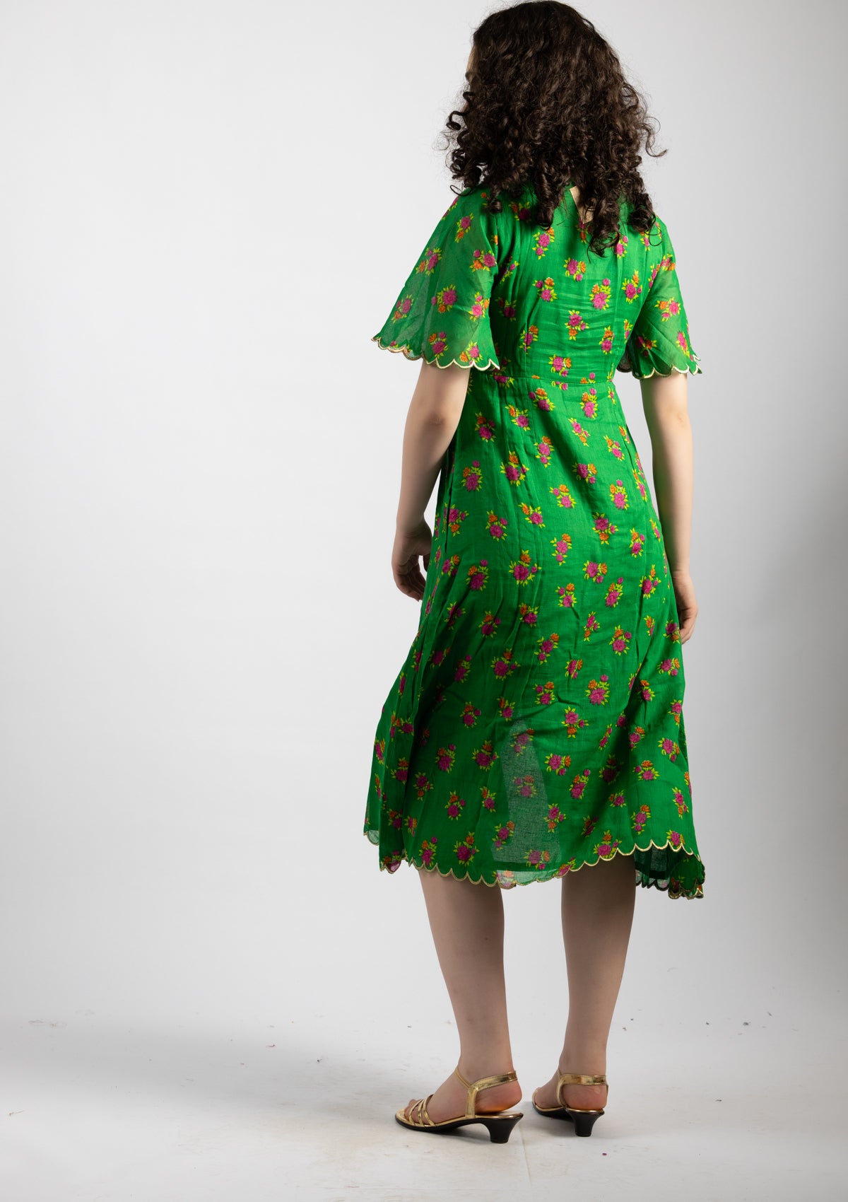 Parrot Green Printed Cotton Dress - Size Large