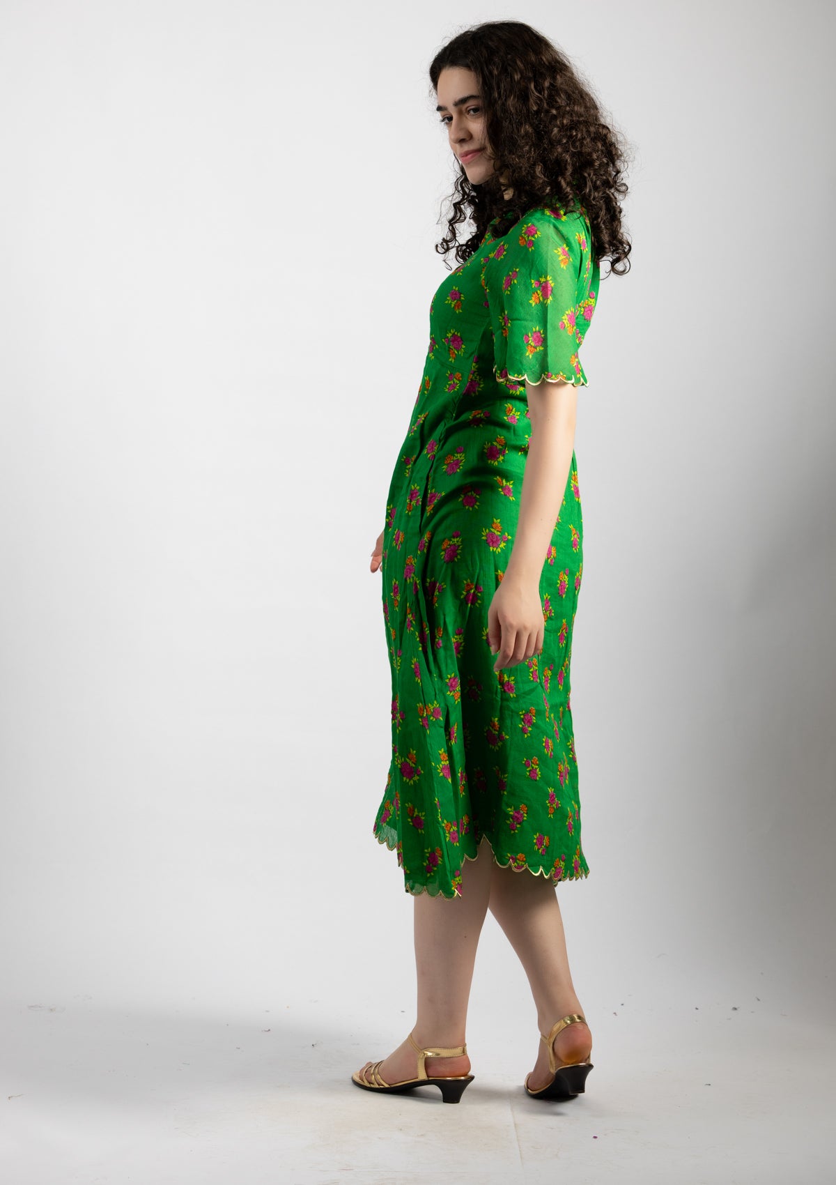 Parrot Green Printed Cotton Dress - Size Large