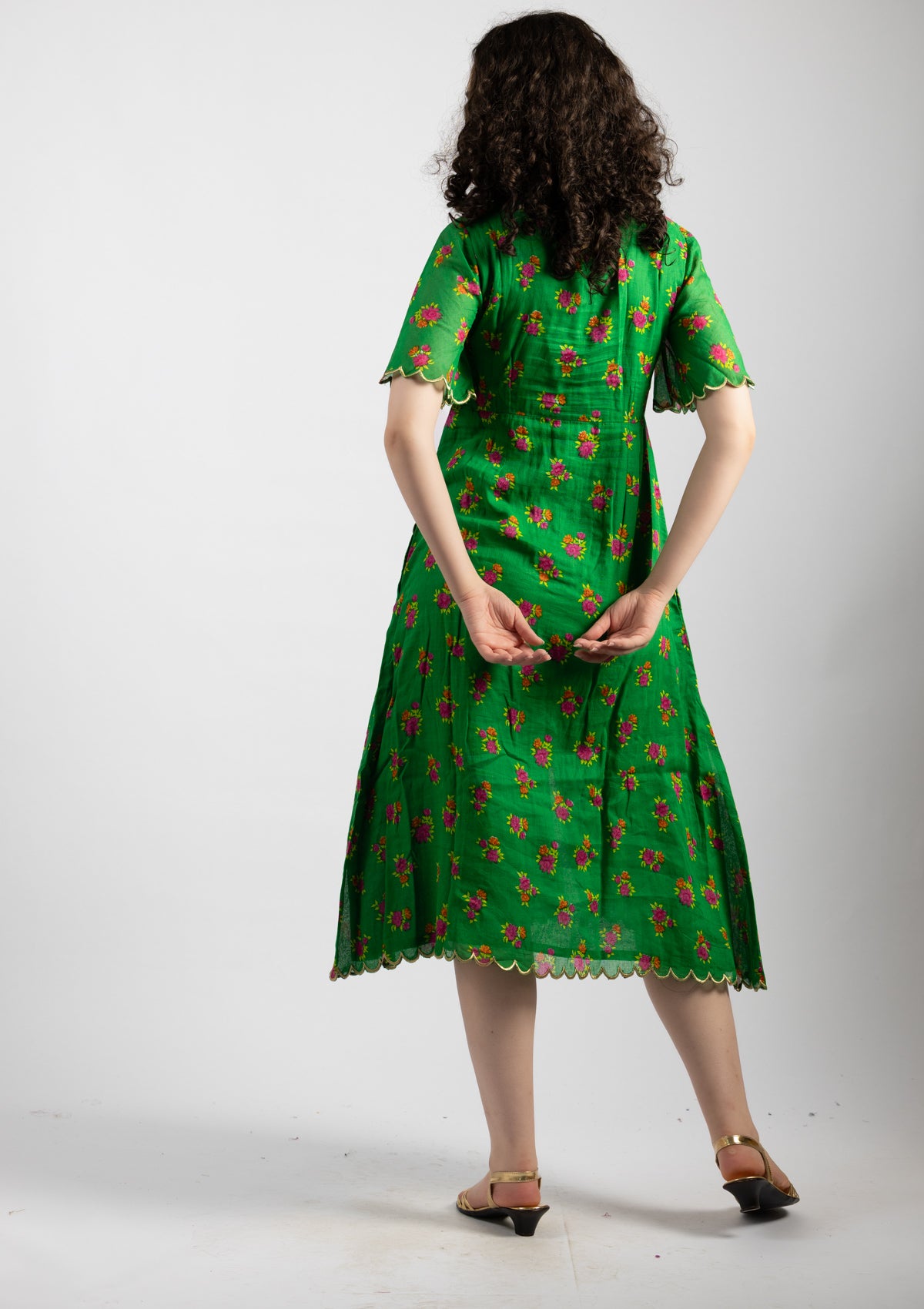 Parrot Green Printed Cotton Dress - Size Large