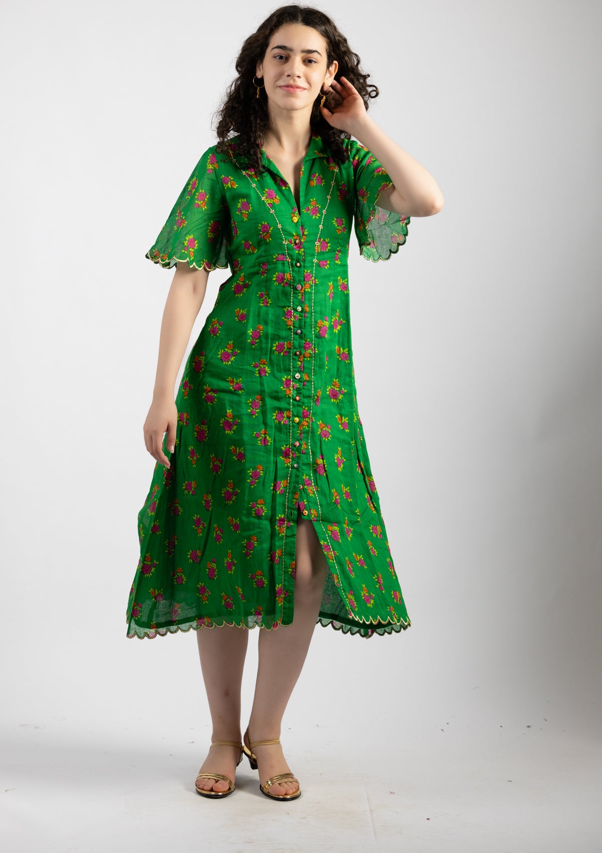 Parrot Green Printed Cotton Dress - Size Large