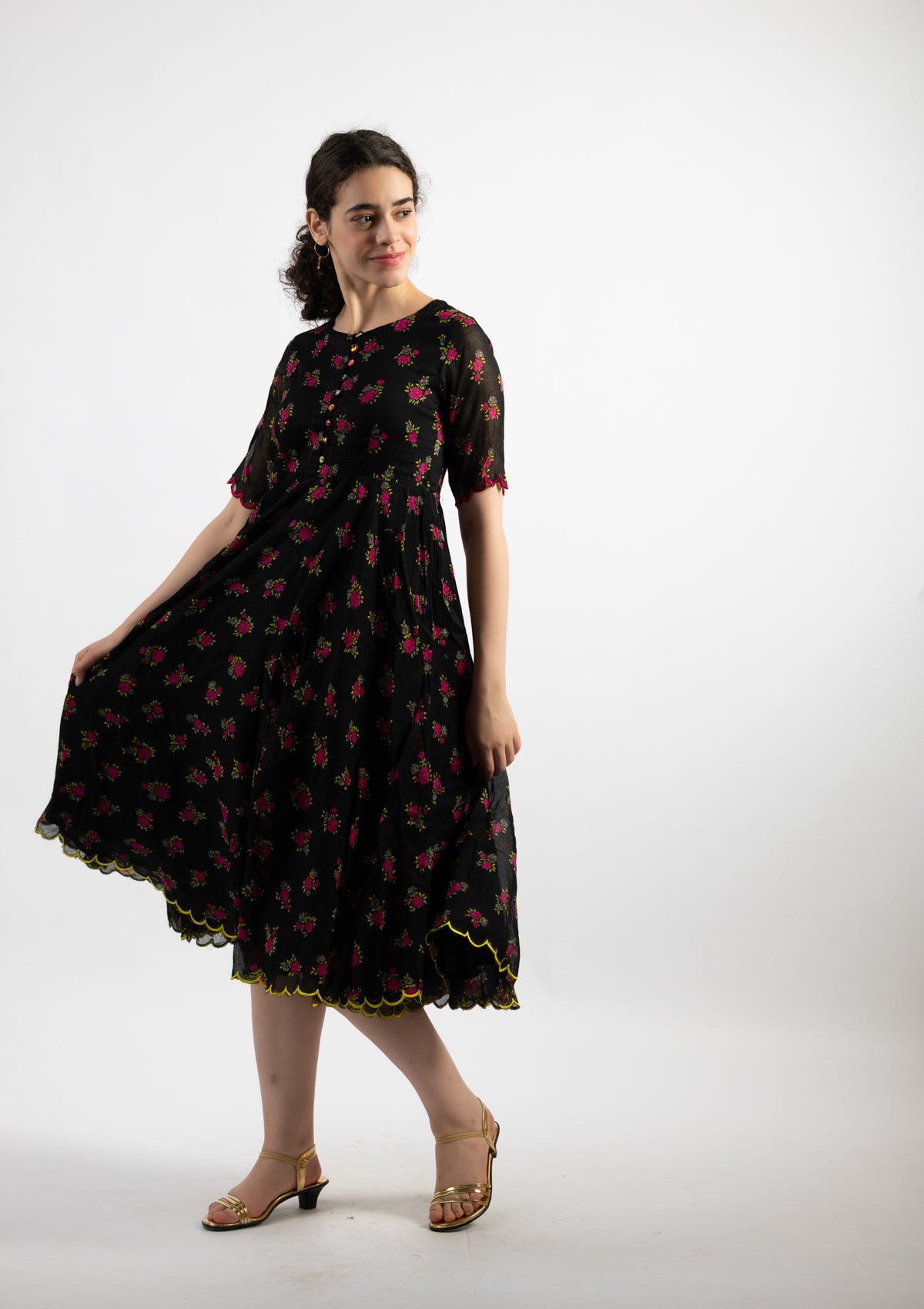 Niva Black Printed Cotton Dress - Size Extra Large