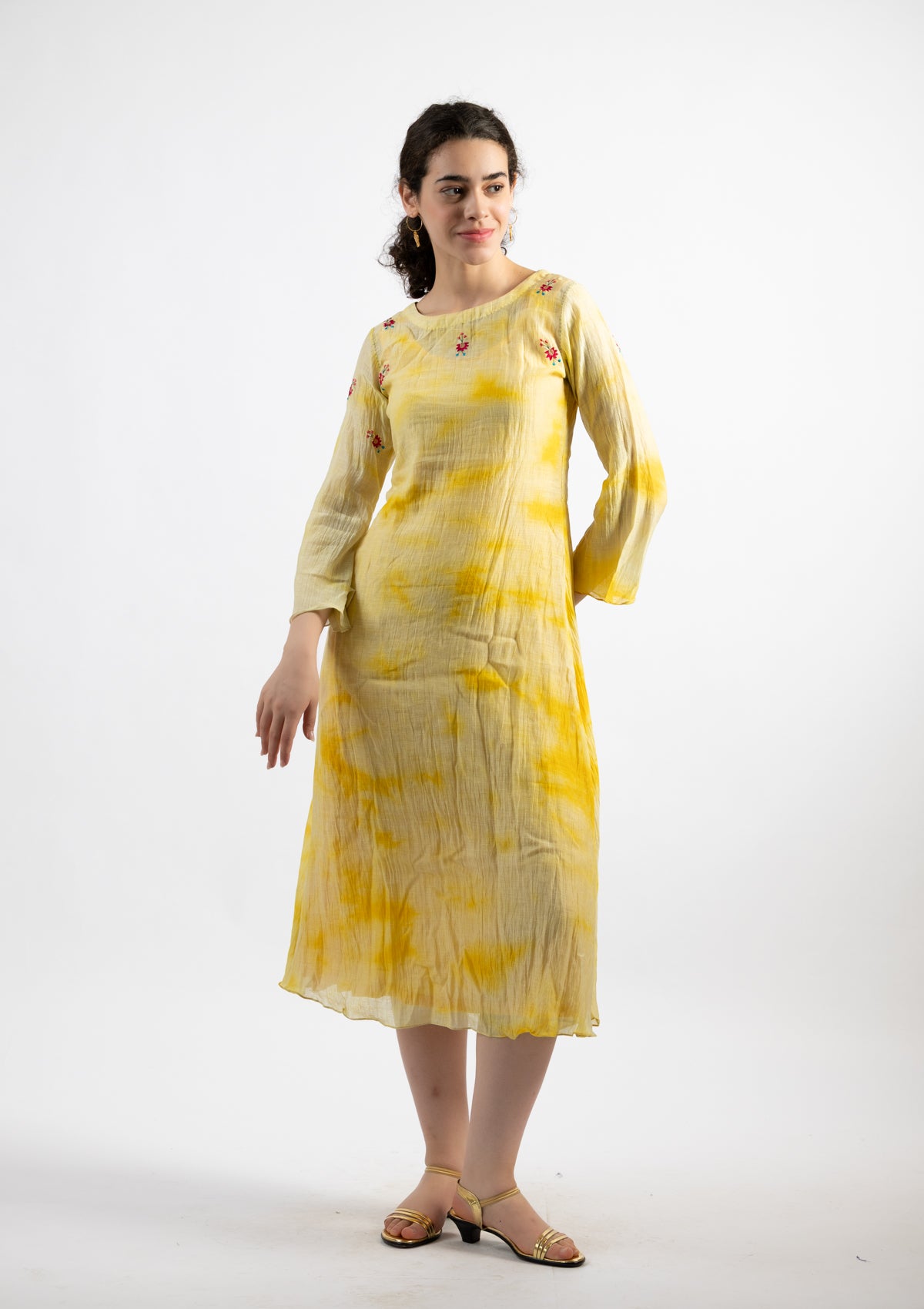 Lime Yellow Tie-Dye Chanderi Dress - Size Small