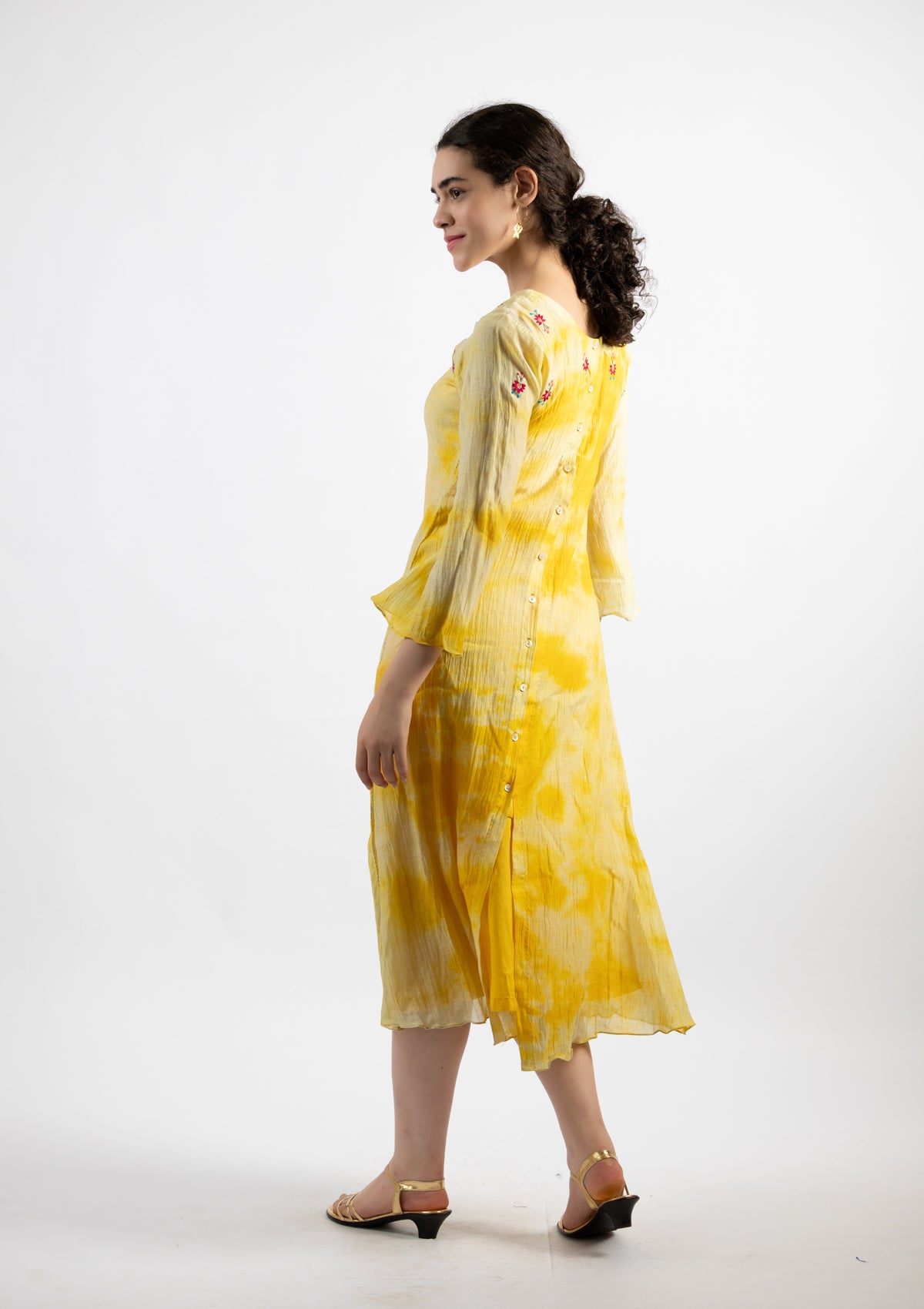 Lime Yellow Tie-Dye Chanderi Dress - Size Small