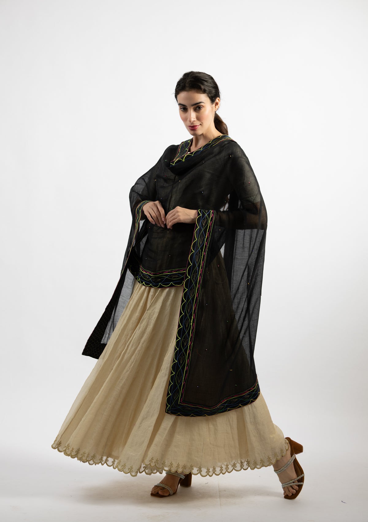 Black Cotton Dupatta with Ornate Borders