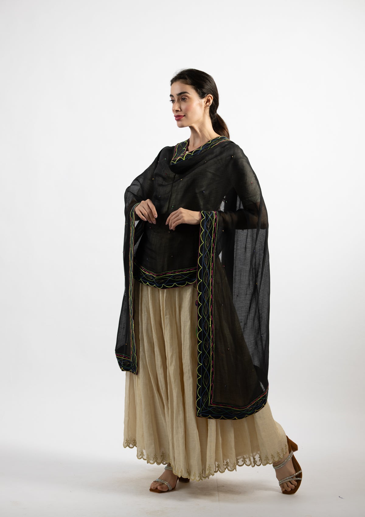 Black Cotton Dupatta with Ornate Borders
