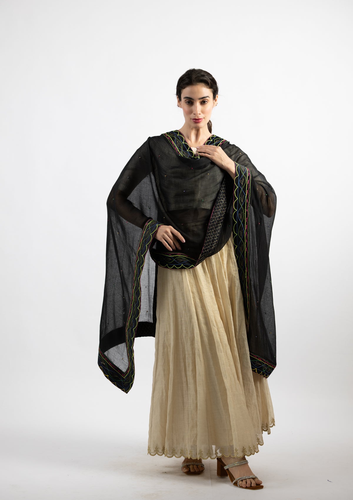Black Cotton Dupatta with Ornate Borders