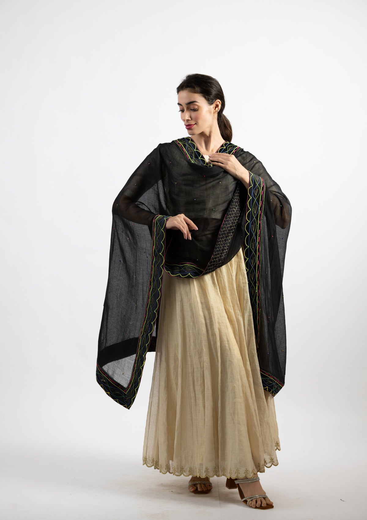 Black Cotton Dupatta with Ornate Borders