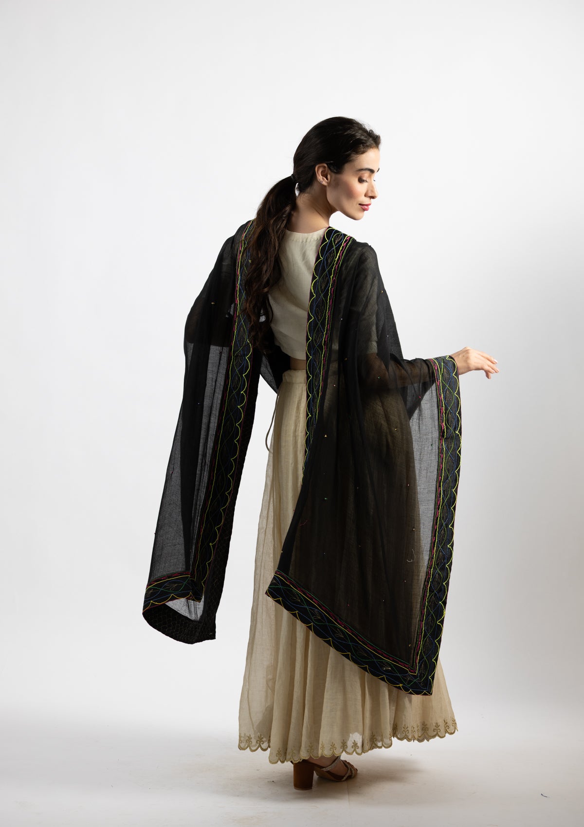Black Cotton Dupatta with Ornate Borders