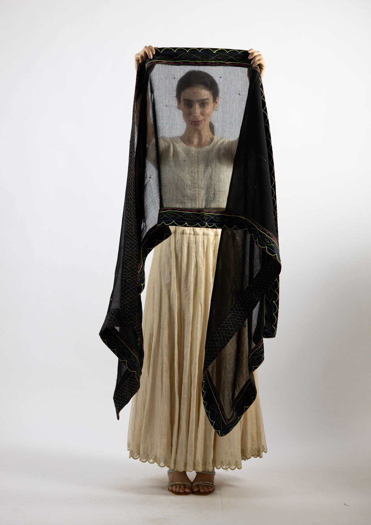 Black Cotton Dupatta with Ornate Borders