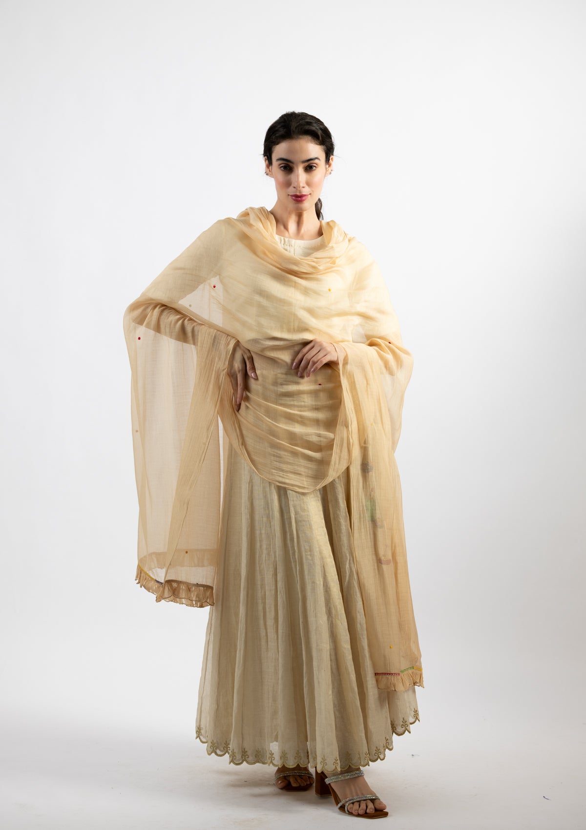 Cream Chanderi Dupatta with Multicolour Dot Embroidery