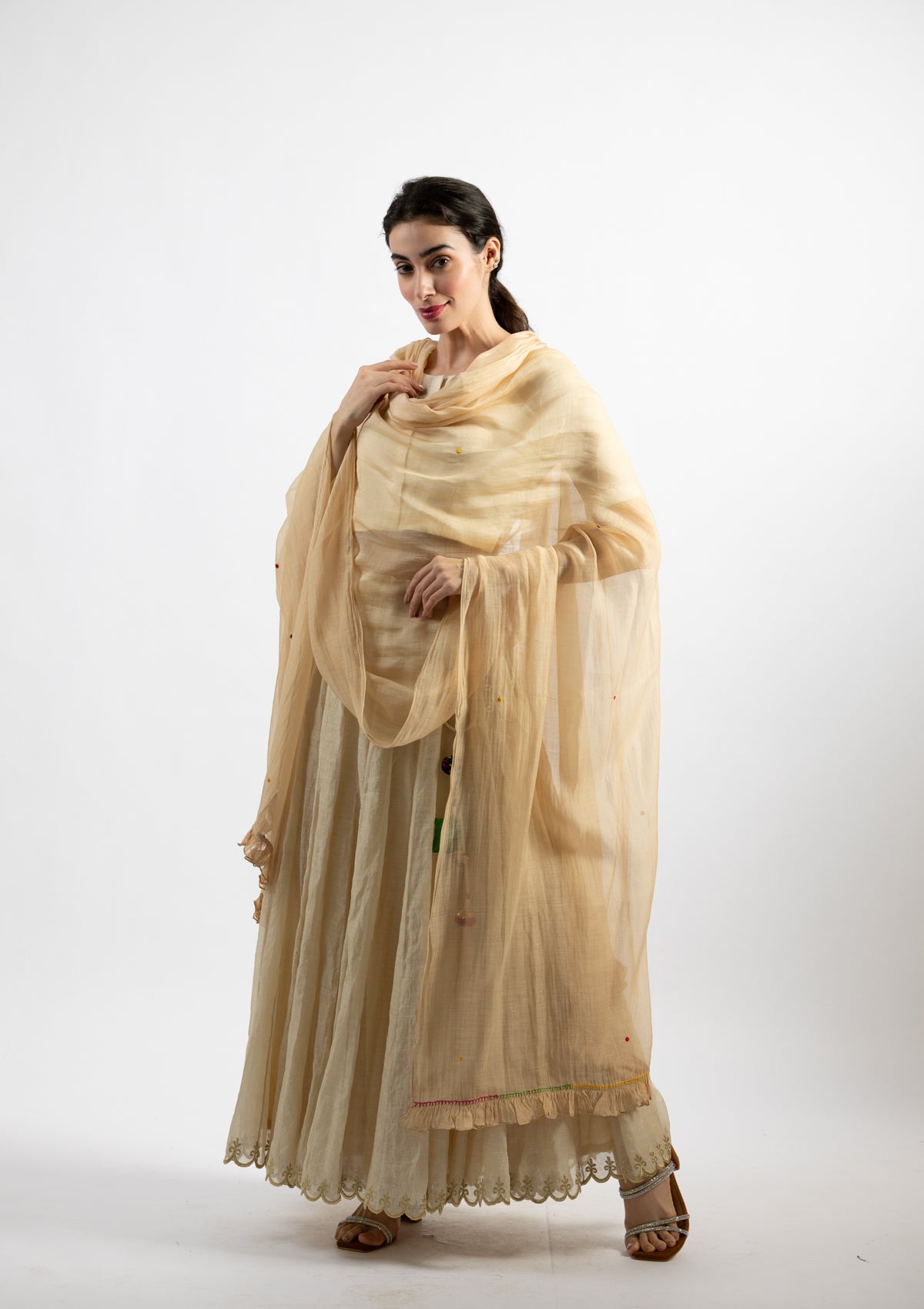 Cream Chanderi Dupatta with Multicolour Dot Embroidery