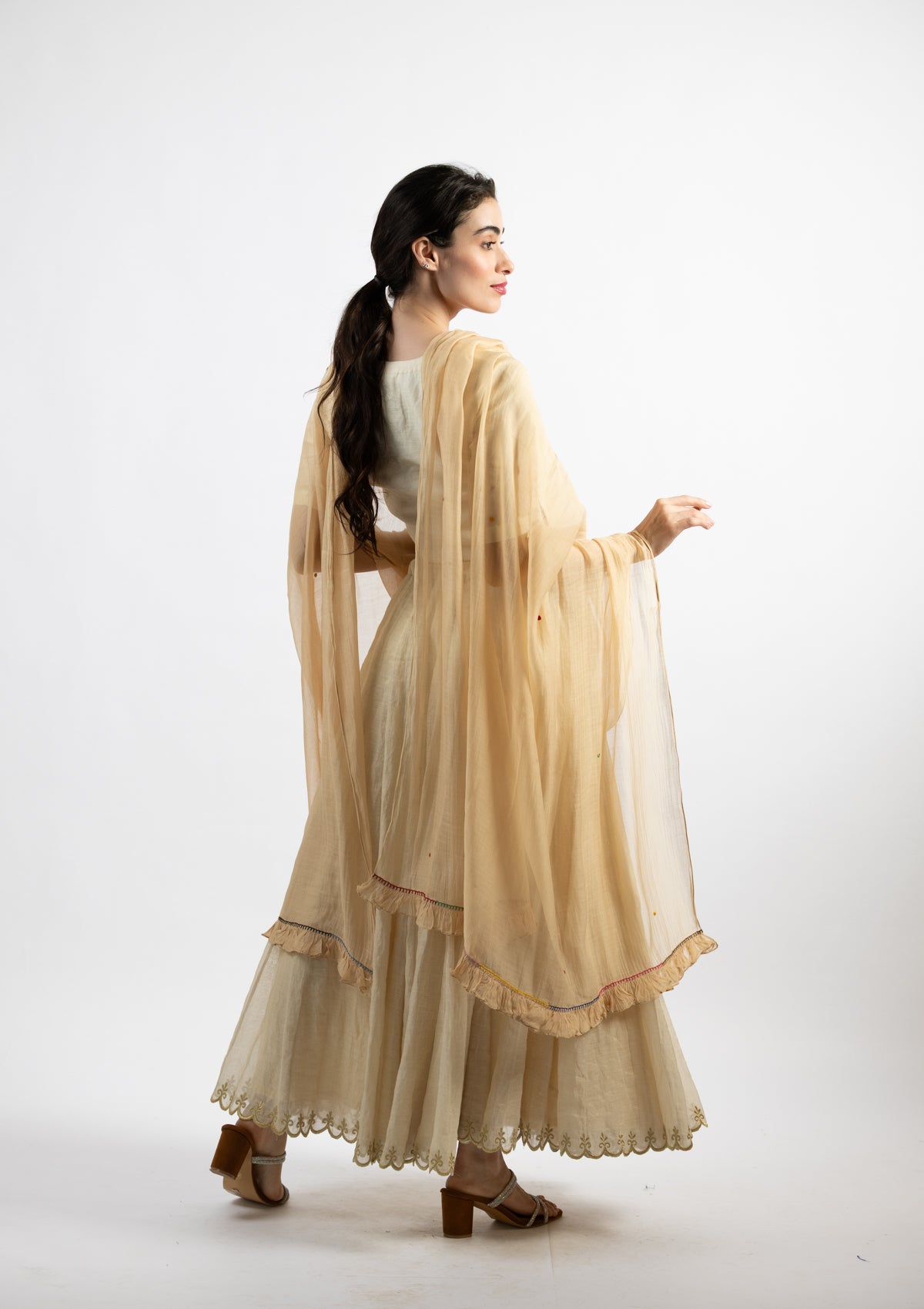 Cream Chanderi Dupatta with Multicolour Dot Embroidery