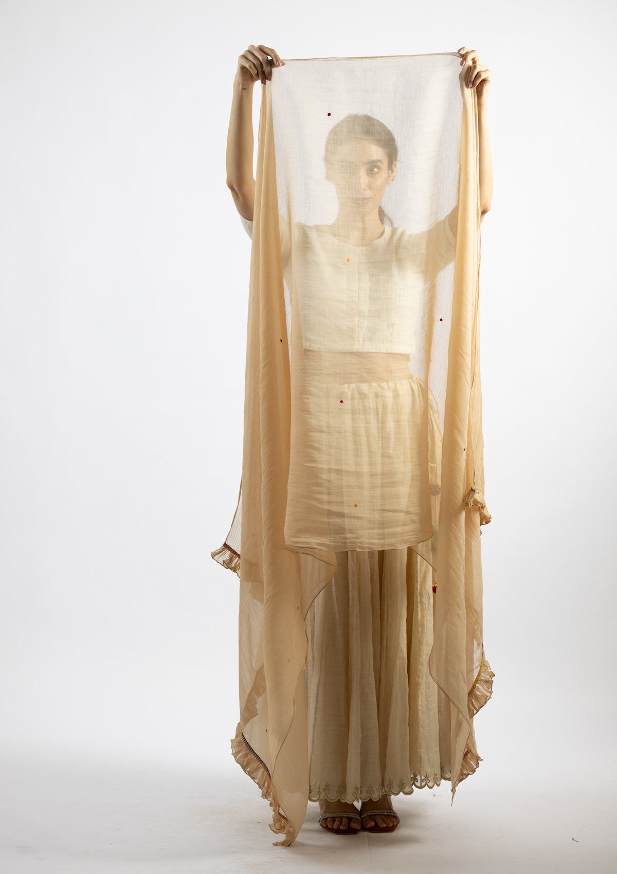 Cream Chanderi Dupatta with Multicolour Dot Embroidery