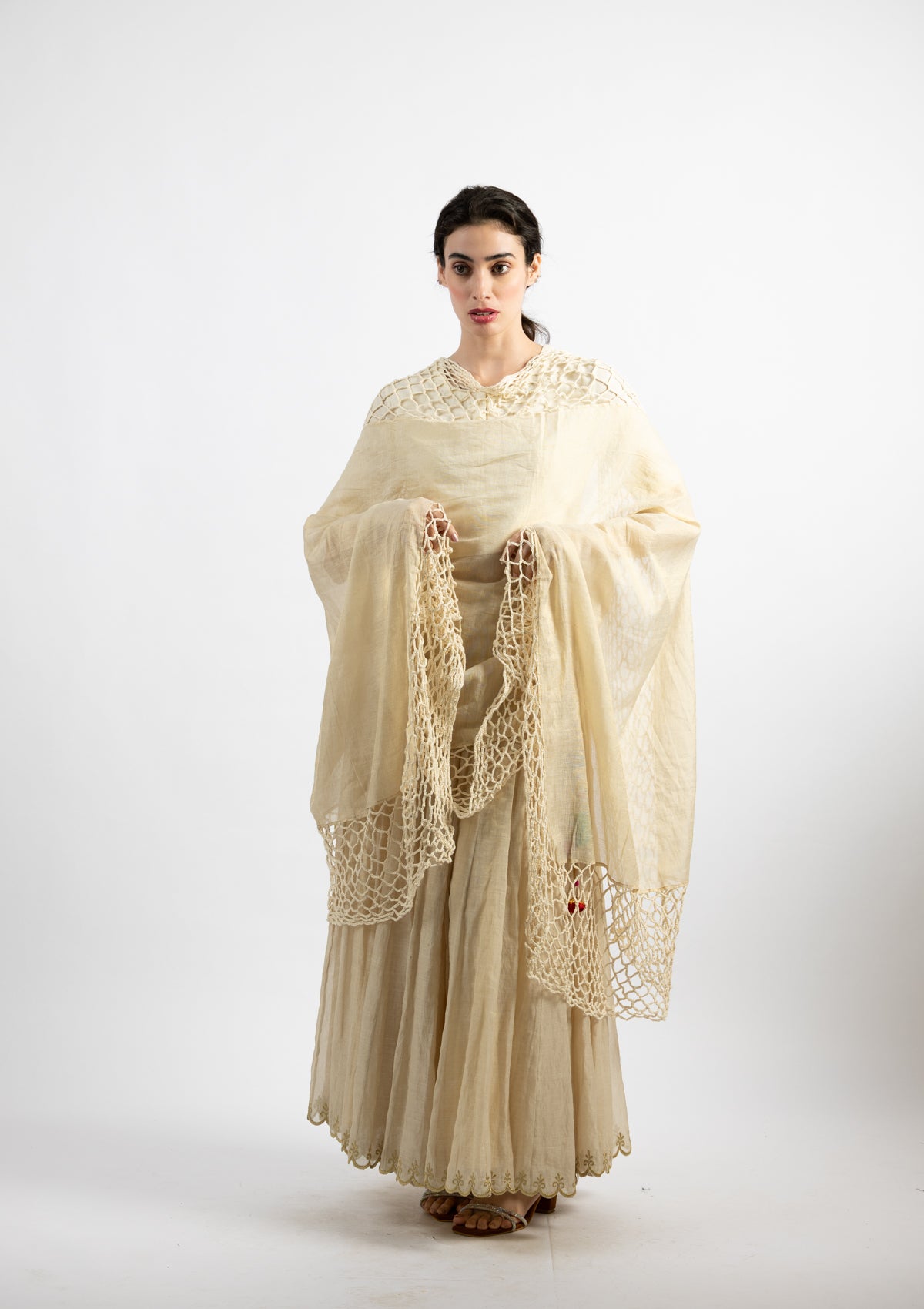 Ivory Crochet-Edged Tissue Dupatta