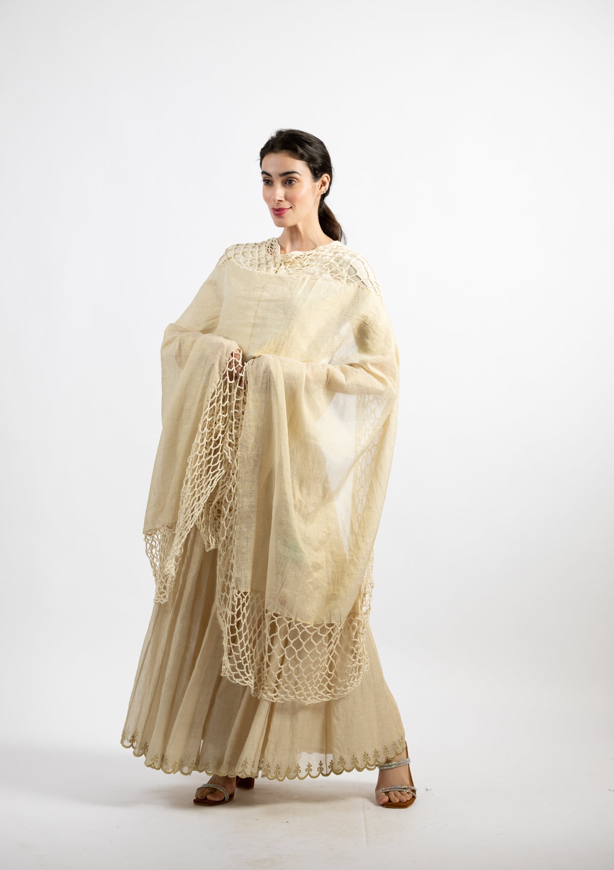 Ivory Crochet-Edged Tissue Dupatta