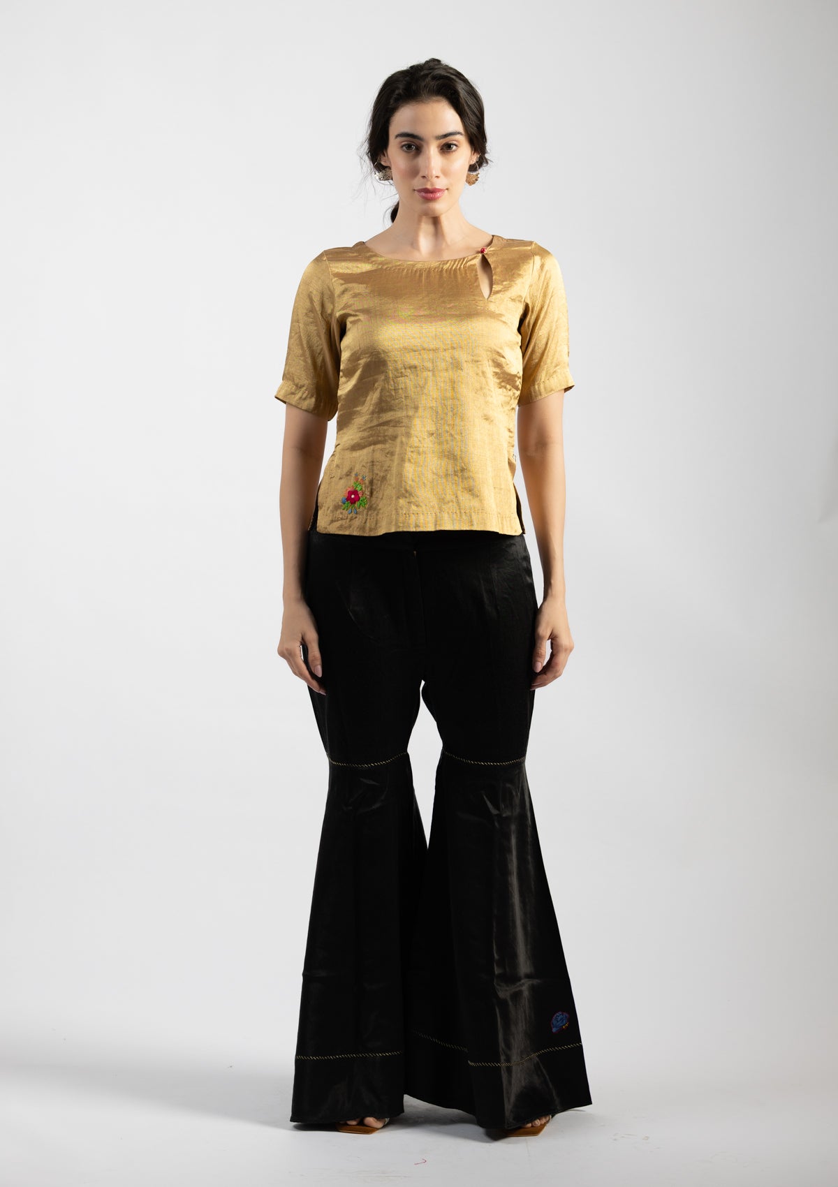 Zarina Golden Tissue Top with Embroidery Details Size Extra Small