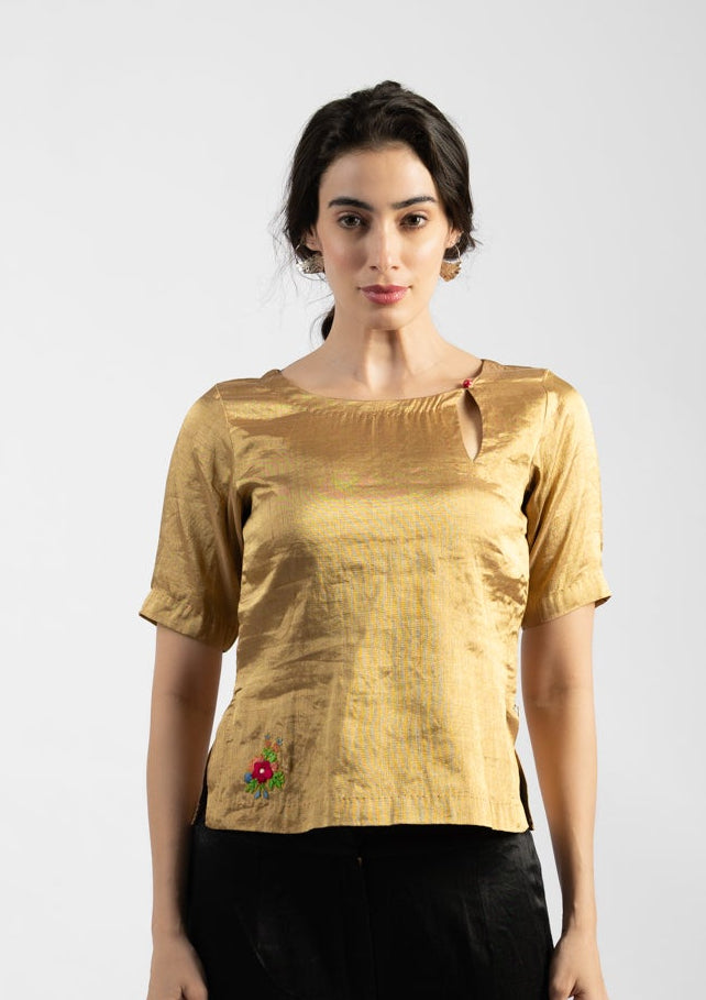 Zarina Golden Tissue Top with Embroidery Details Size Small