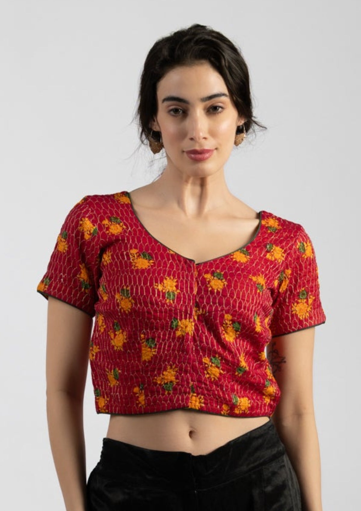 Rili Red Embroidered Cotton Blouse - Size Extra Small