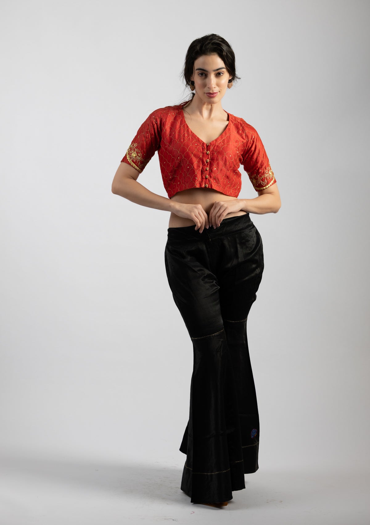 Rito Orange Embroidered Chanderi Blouse - Size Small