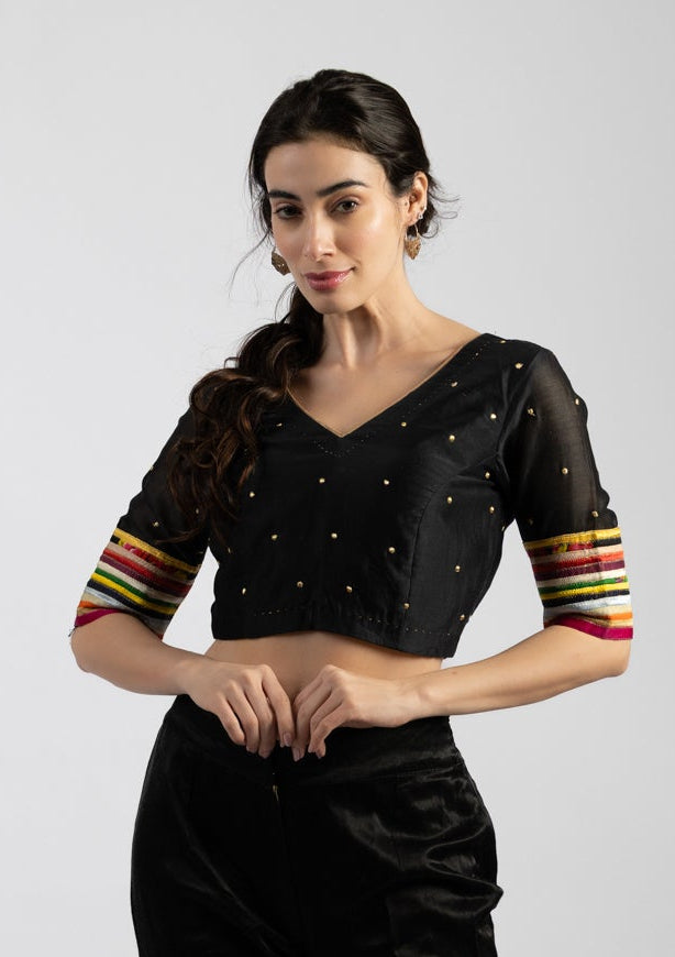 Neri Black Chanderi Blouse with Embroidered Details - Size Extra Small