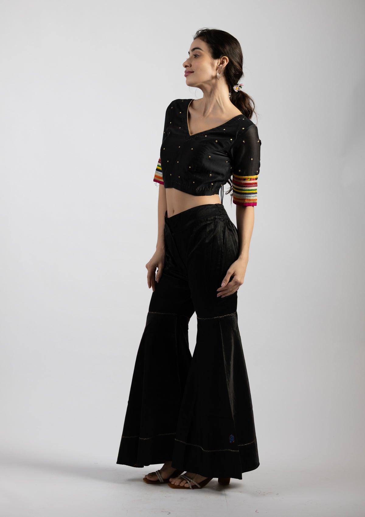 Neri Black Chanderi Blouse with Embroidered Details - Size Extra Small