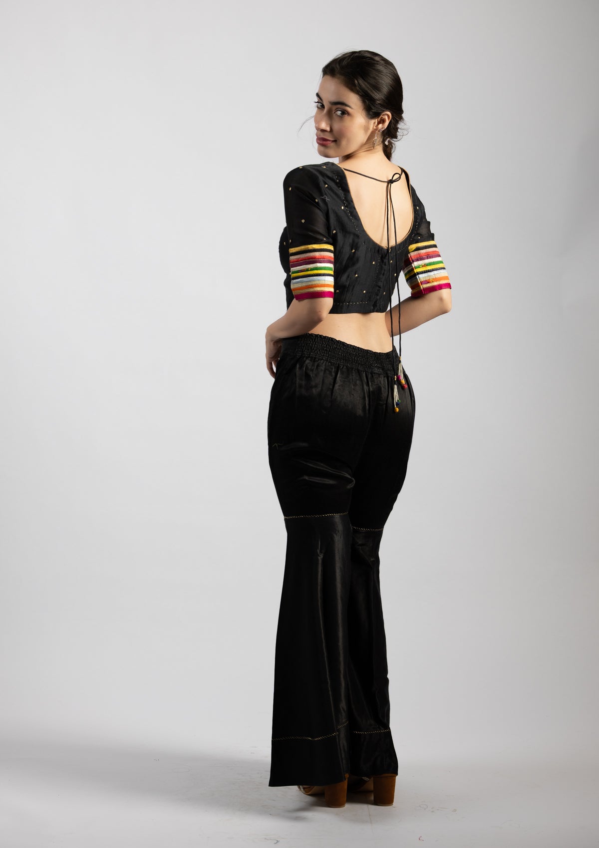 Neri Black Chanderi Blouse with Embroidered Details - Size Extra Small
