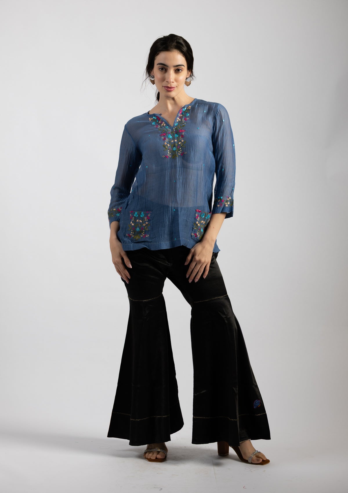 Hazy Blue Embroidered Chanderi Top - Size Extra Large