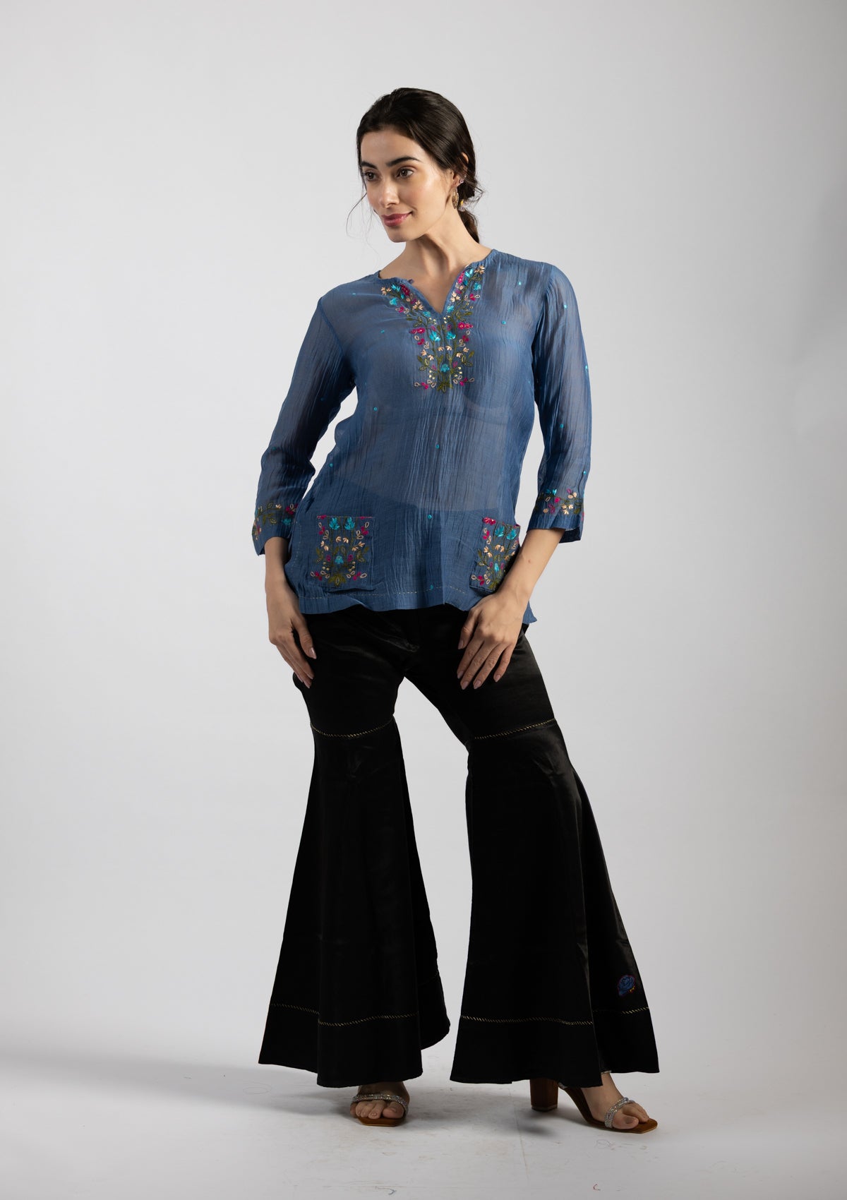 Hazy Blue Embroidered Chanderi Top - Size Extra Large