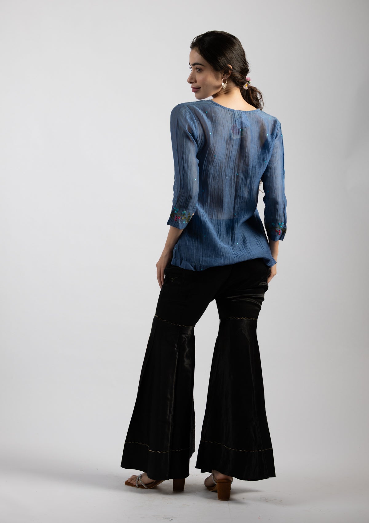 Hazy Blue Embroidered Chanderi Top - Size Extra Large