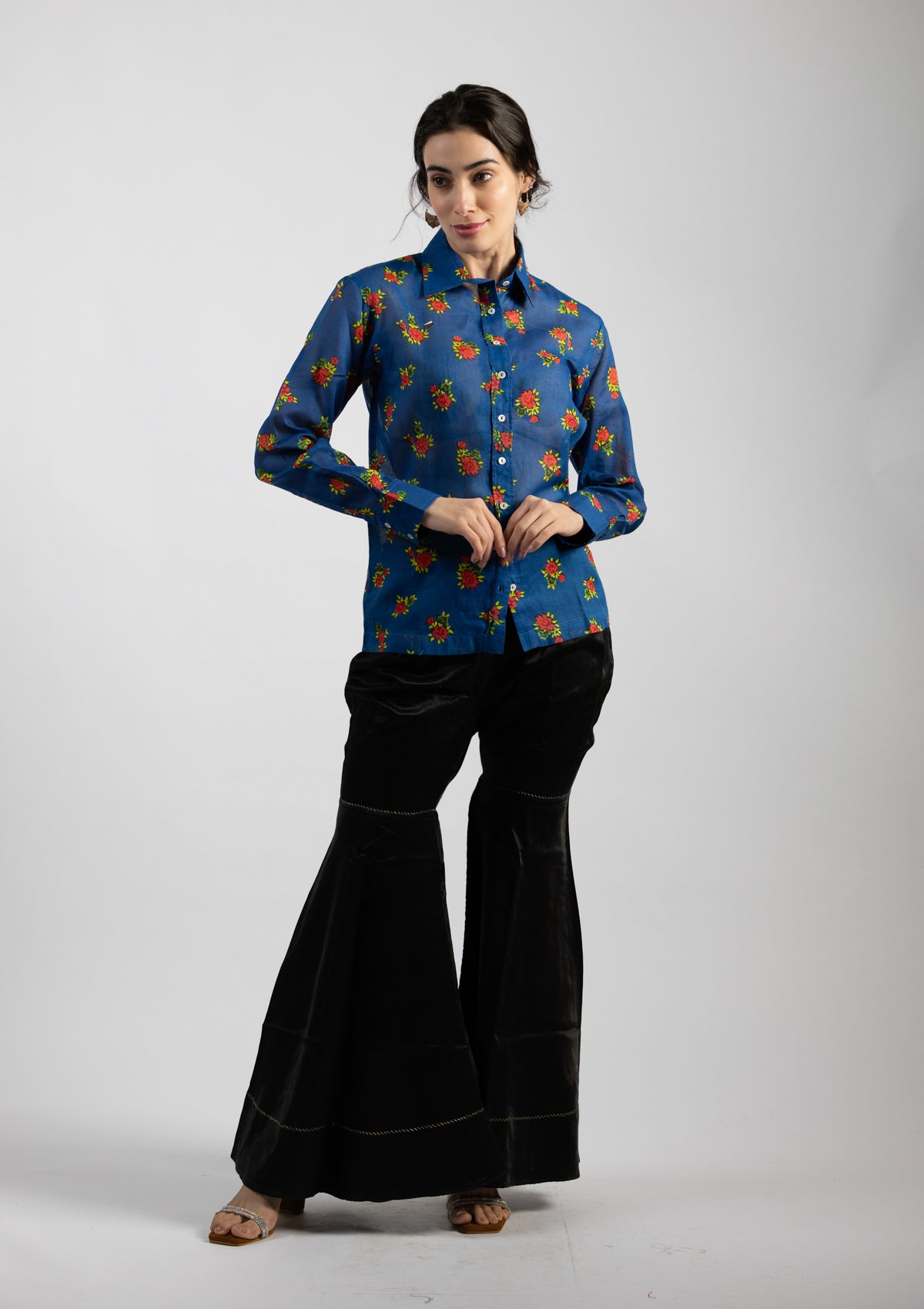 Prana Blue Printed Cotton Shirt - Size Large