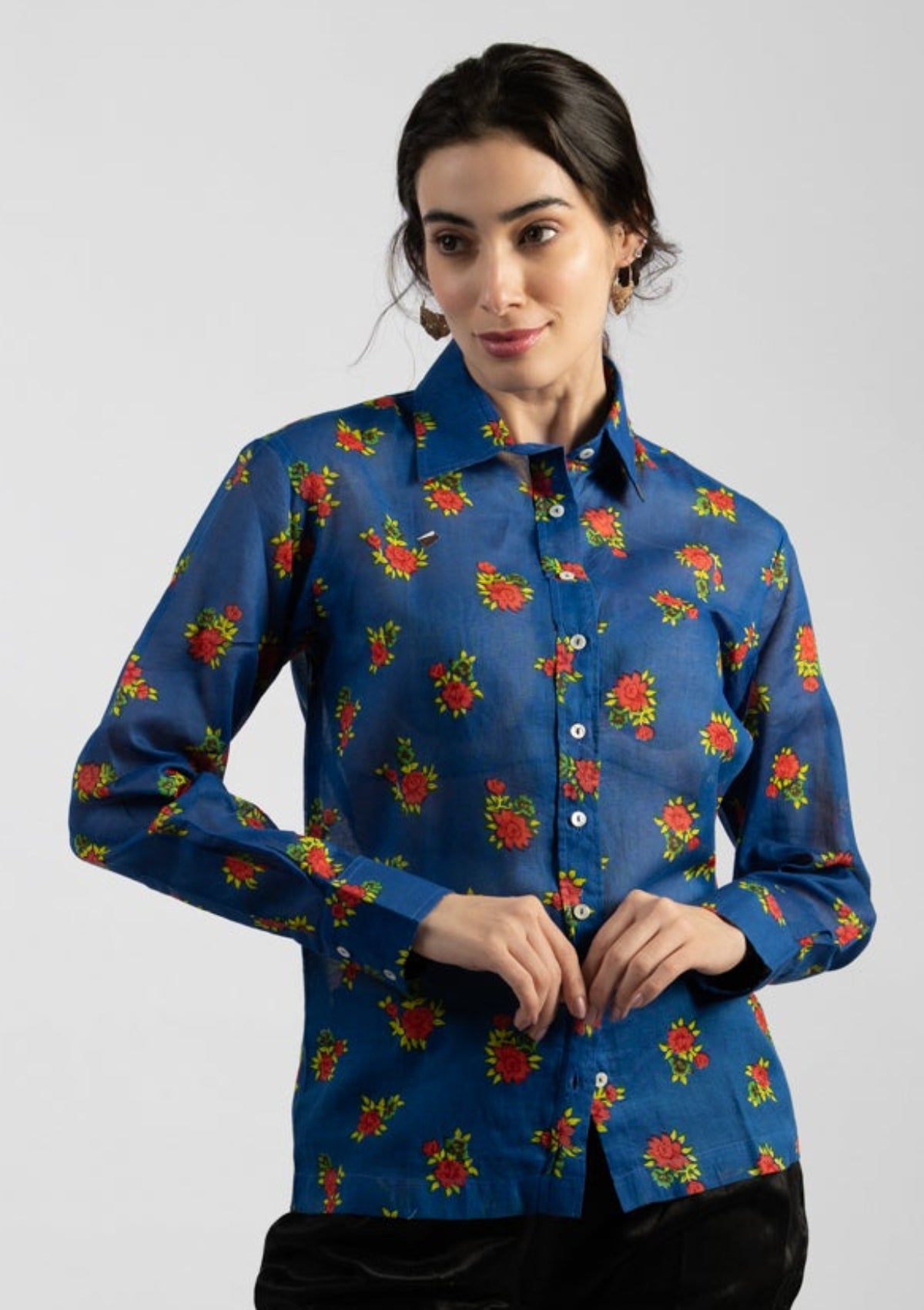Prana Blue Printed Cotton Shirt - Size Large