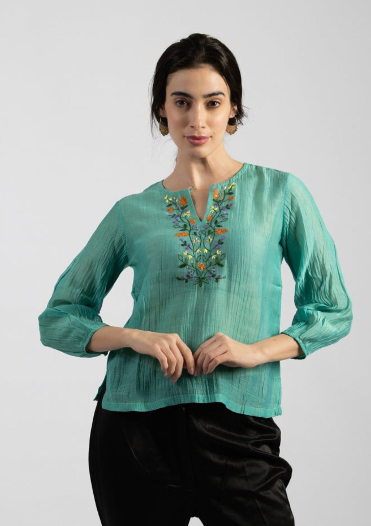 Blue Breeze Embroidered Chanderi Top - Size Small
