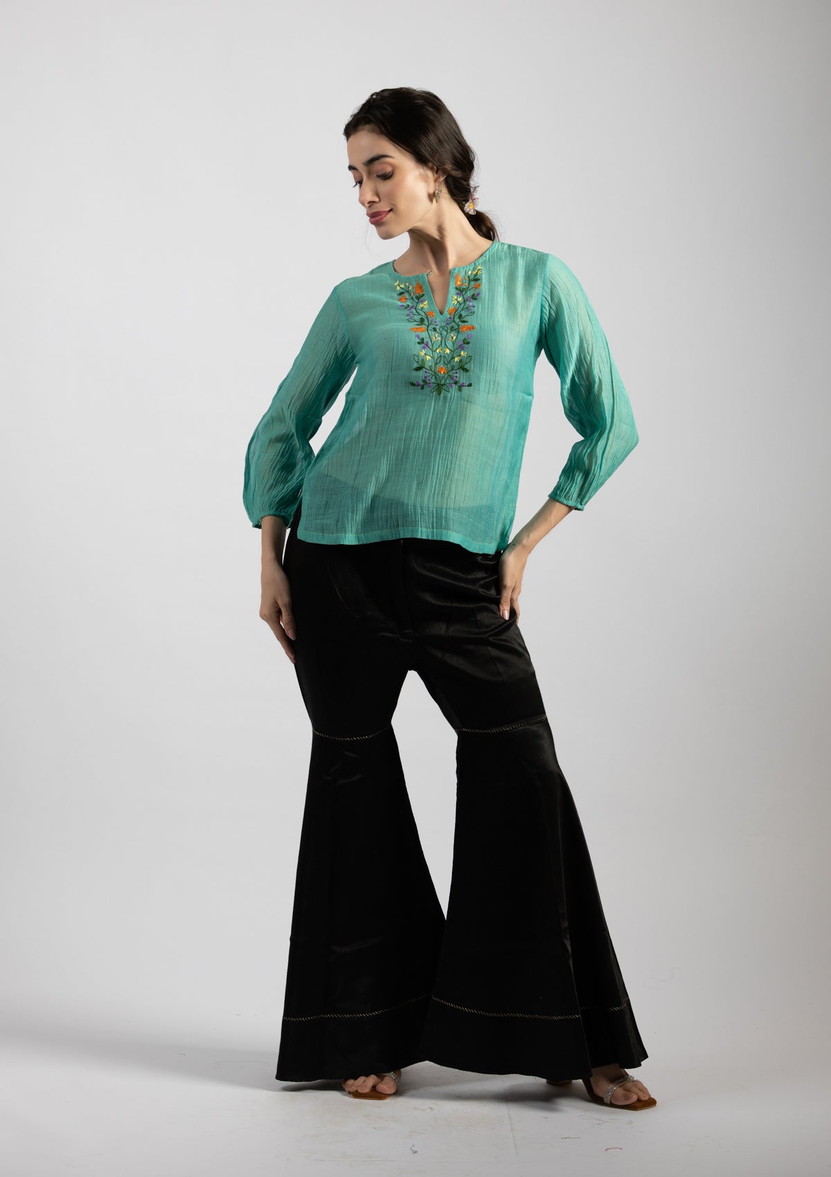 Blue Breeze Embroidered Chanderi Top - Size Small