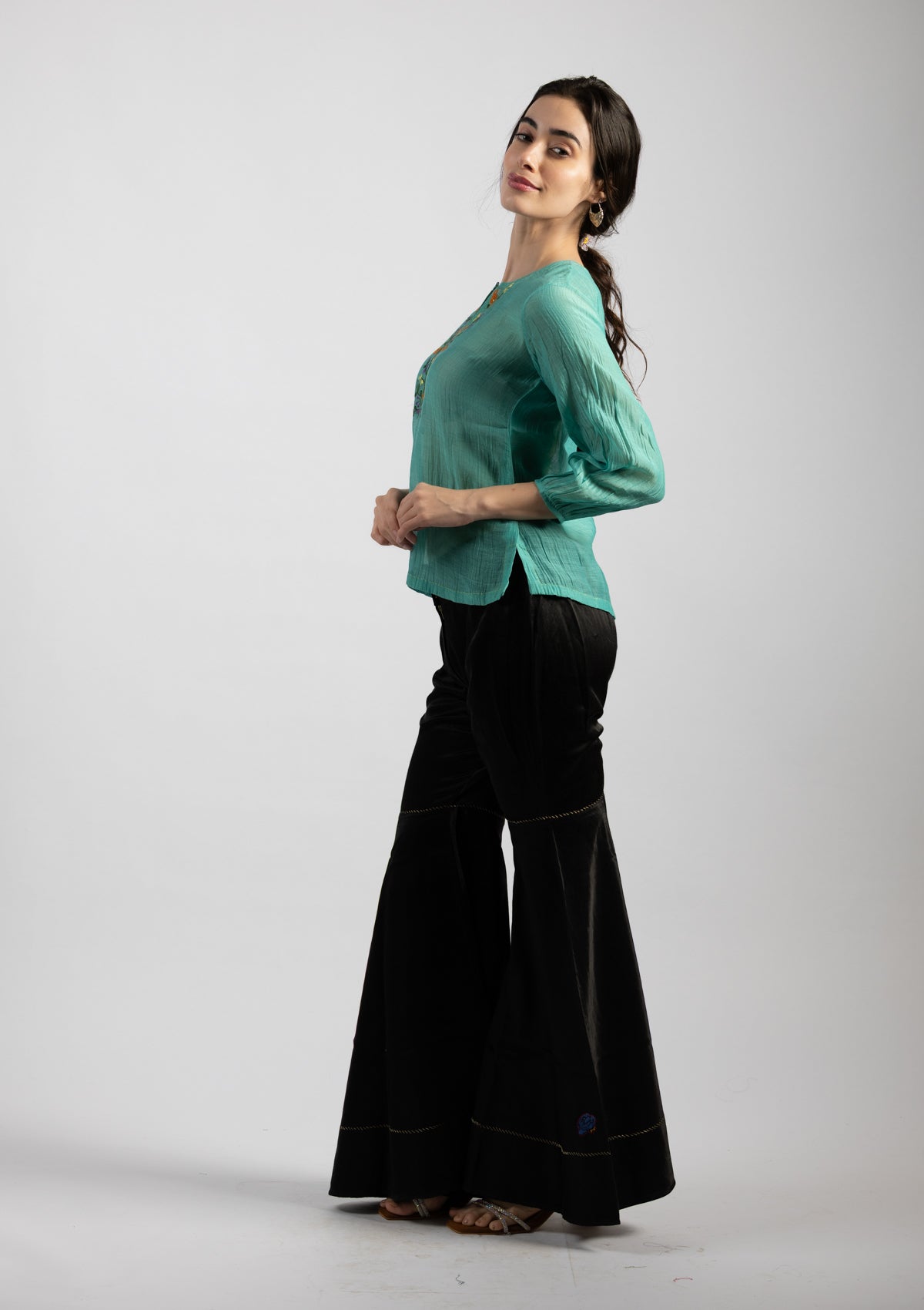 Blue Breeze Embroidered Chanderi Top - Size Small