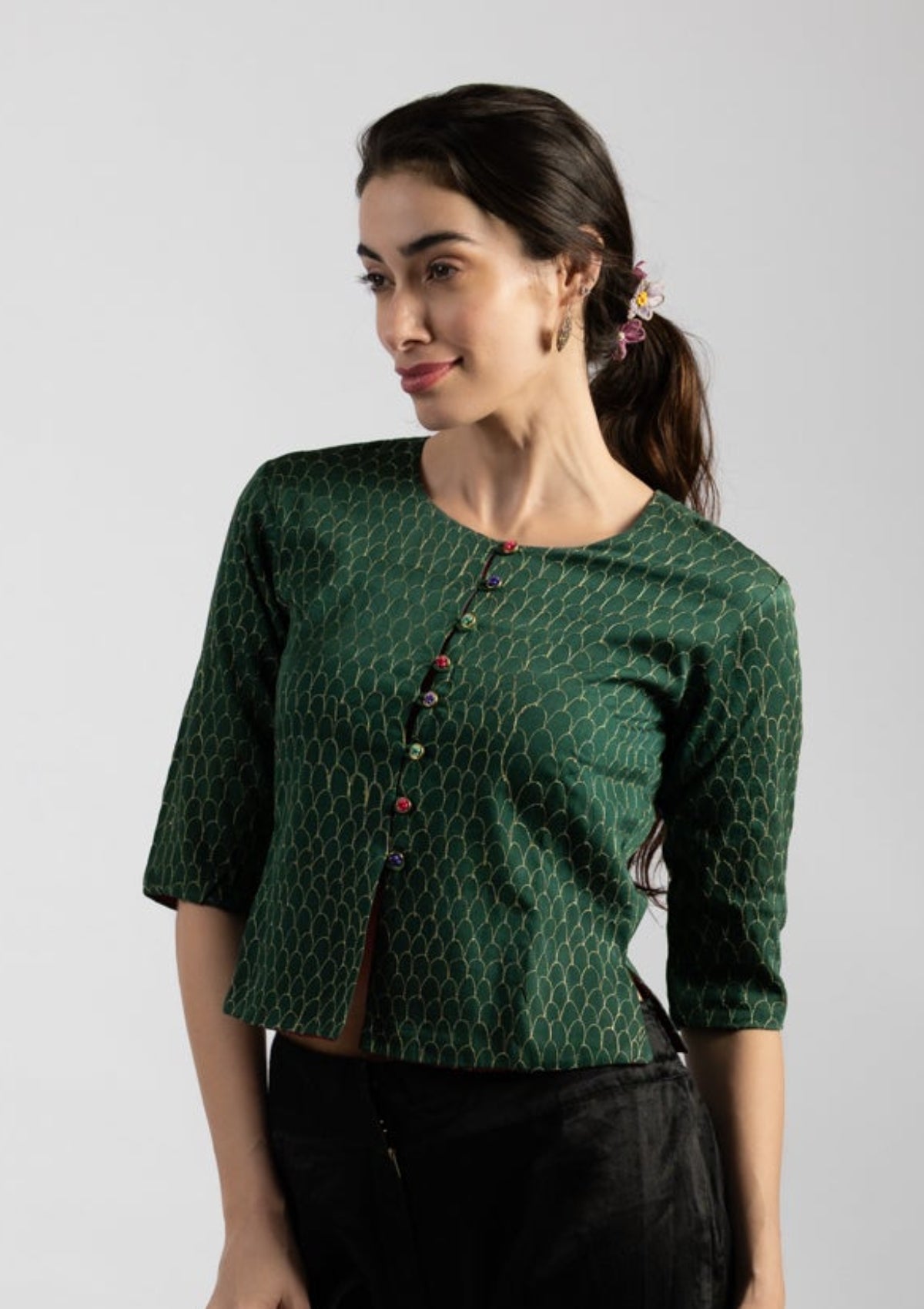 Emerald Embroidered Chanderi Top - Size Medium