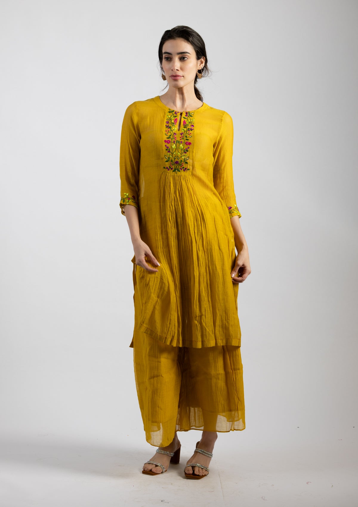 Mustard Aura Chanderi Co-ord Set - Size Small