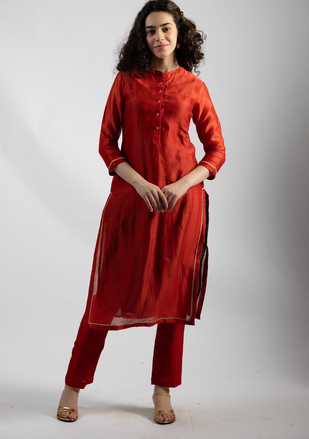 Cherry Red Chanderi Kurta Pant Set - Size Small