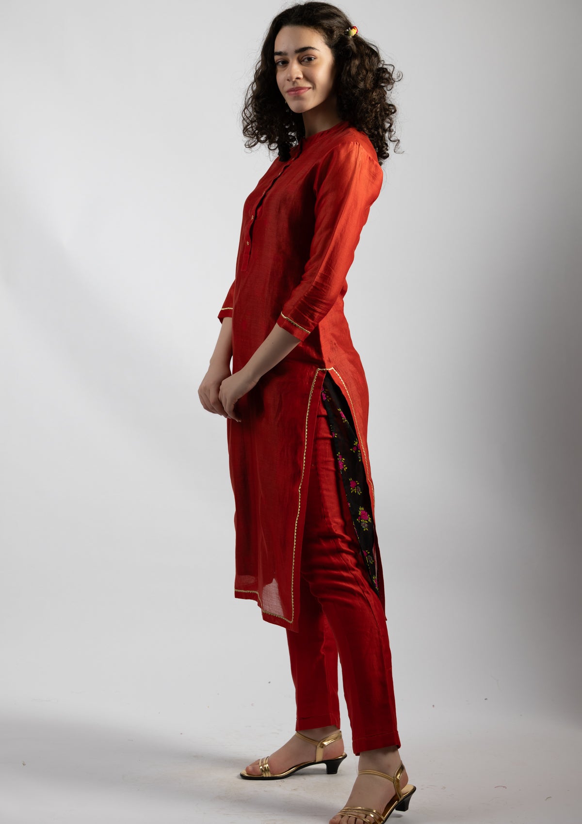 Cherry Red Chanderi Kurta Pant Set - Size Small