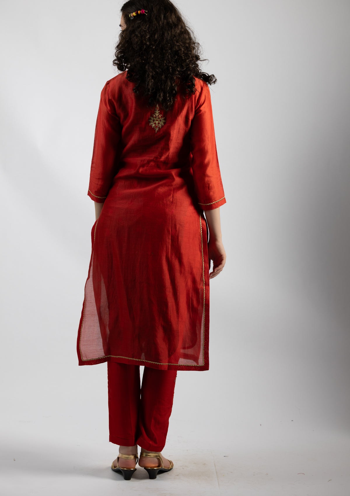 Cherry Red Chanderi Kurta Pant Set - Size Small