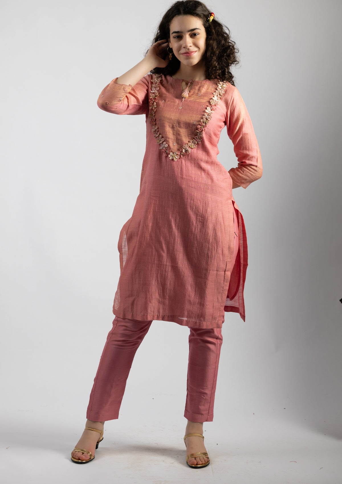 Pastel Pink Chanderi Kurta Pant Set - Size Small